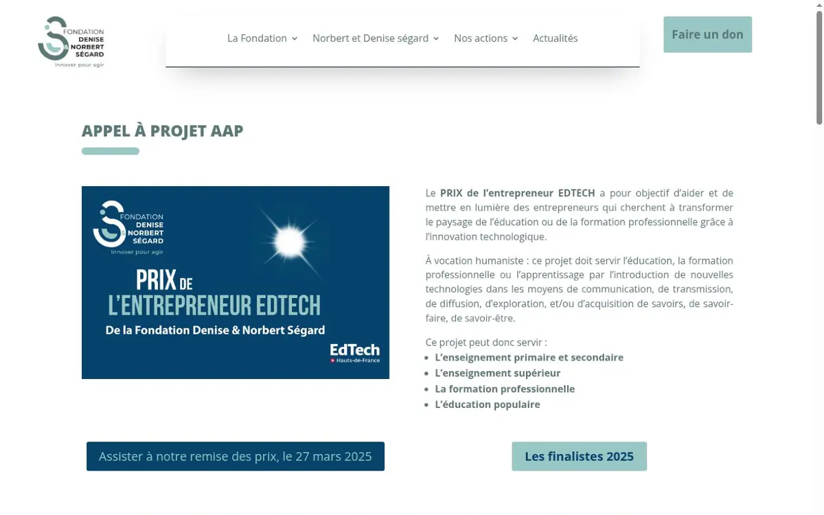Page d’appel à projets du Prix de l’Entrepreneur EdTech de la Fondation