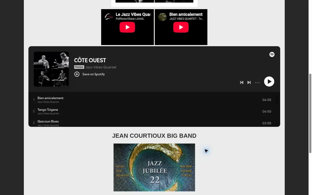 Lecteurs YouTube et Spotify intégrés au site de Jacques Ballue