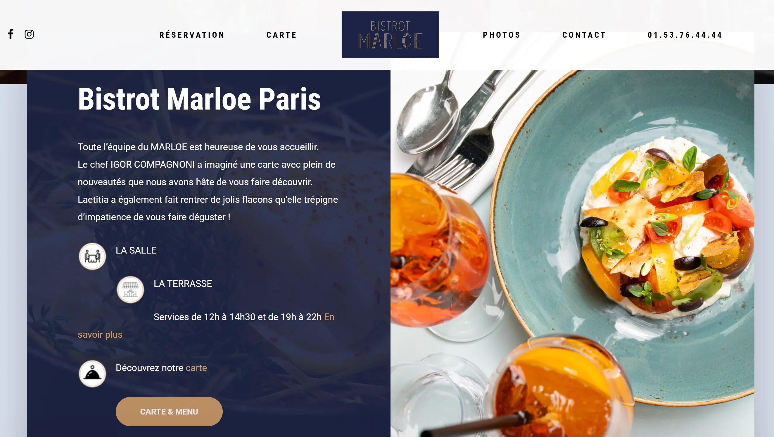 Page d’accueil du site du restaurant Marloe à Paris